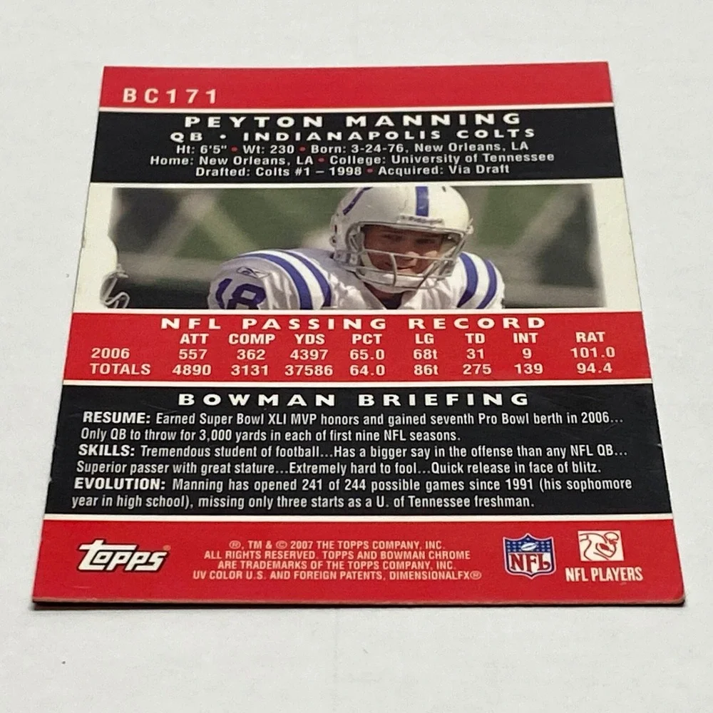 2007 Topps Peyton Manning Bowman Chrome QB Indianapolis Colts NFL Card #BC171 - Picture 5 of 9